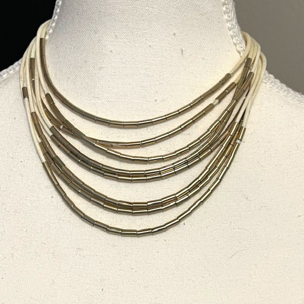 LOFT Ann Taylor Gold Tone Bar Beads Cream Multi Strand Choker Necklace